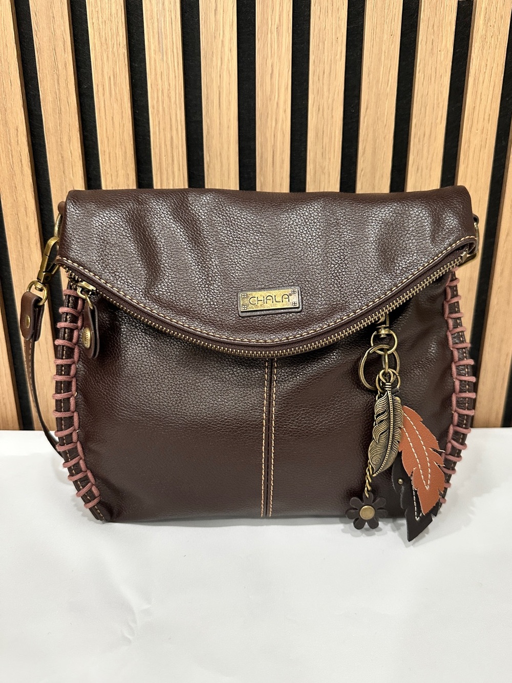 Chala Handbags Brown Faux Leather Crossbody Bag Boho Whipstitch Tassel Charm
